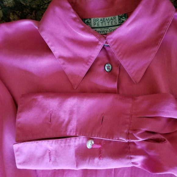 Vintage 90s, satin blouse, round hem, L, M, mop buttons, rose pink,  Braemar - Picture 6 of 9